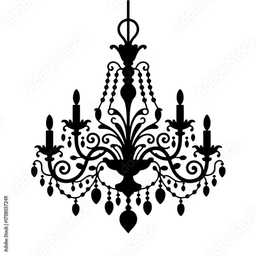 Ornate Silhouette: A stylish silhouette of a decorative chandelier, featuring detailed curves and sparkling crystal elements, embodies elegance and vintage charm. 