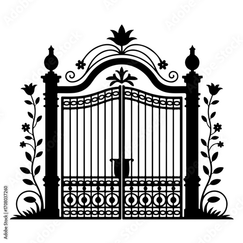 Ornate Entrance Gate: An elegantly crafted black gate with intricate detailing, poised to welcome visitors. This artistic image exudes sophistication and timeless charm.
