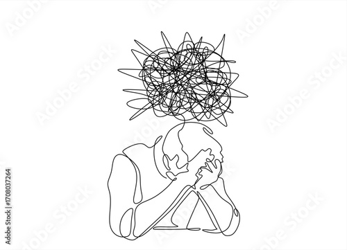 Continuous one line drawing man in depression, stressed, headache and despair. Single line art illustration of confusing and stressed person. Hand drawn one line vector. Editable stroke	