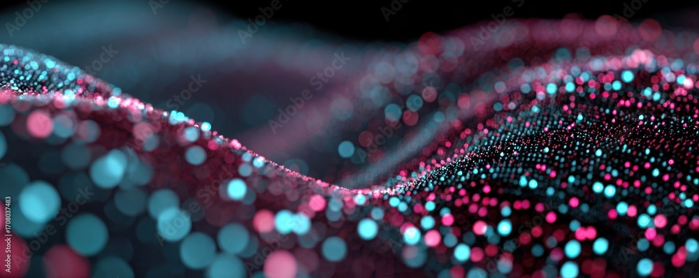 Obraz premium Abstract Data Stream Visualization with Pink and Blue Bokeh Lights on Dark Background