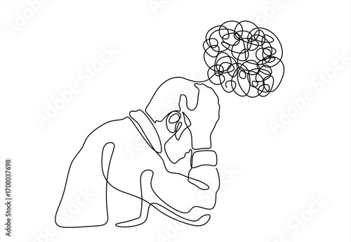 Continuous one line drawing man in depression, stressed, headache and despair. Single line art illustration of confusing and stressed person. Hand drawn one line vector. Editable stroke	