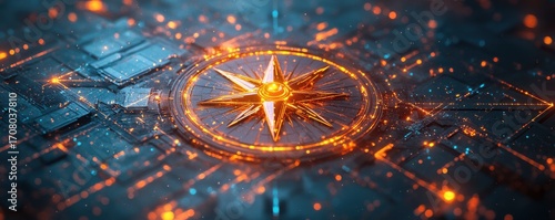 Abstract Digital Compass with Glowing Elements Represents Navigation and Guidance