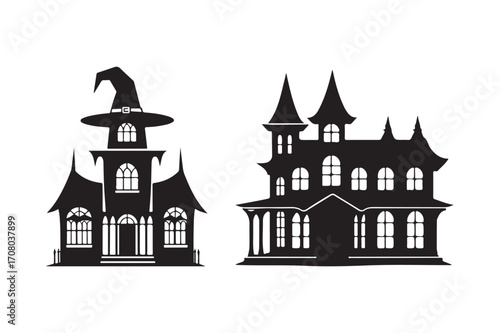 Spooky halloween silhouettes of haunted houses and witch hat house