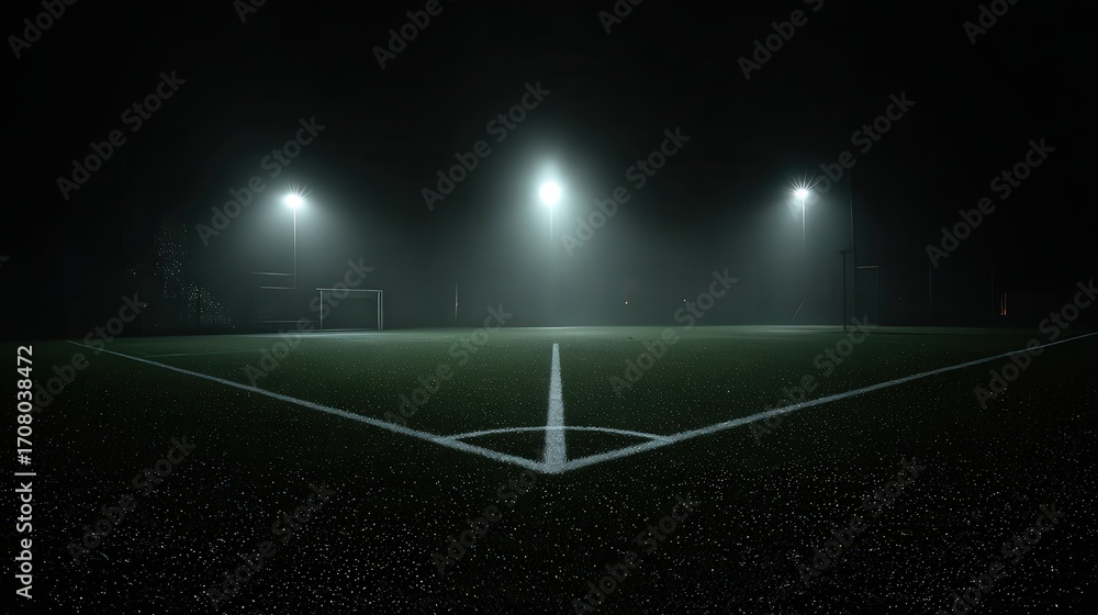 Naklejka premium A dimly lit football field under foggy conditions, illuminated by stadium lights, creating a mysterious atmosphere, Ideal for sports-themed articles, ads
