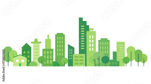 Sustainable green city skyline illustration, eco friendly urban landscape with trees, modern environmental architecture icons on white background