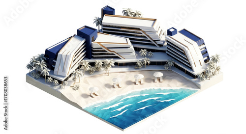 luxury beachfront resort modern architectural 3d model, isolated on transparent background