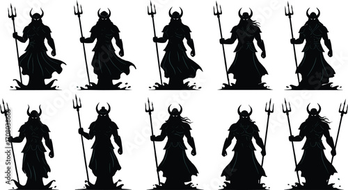 Dark silhouette of mythical warrior holding trident, standing in water splash, horned helmet, armor, fantasy character illustration, powerful pose, vector art.