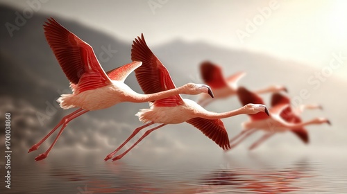 A stunning depiction of flamingos in flight over calm waters, showcasing vibrant pink feathers against a serene backdrop, This image is perfect for wildlife articles, travel brochures