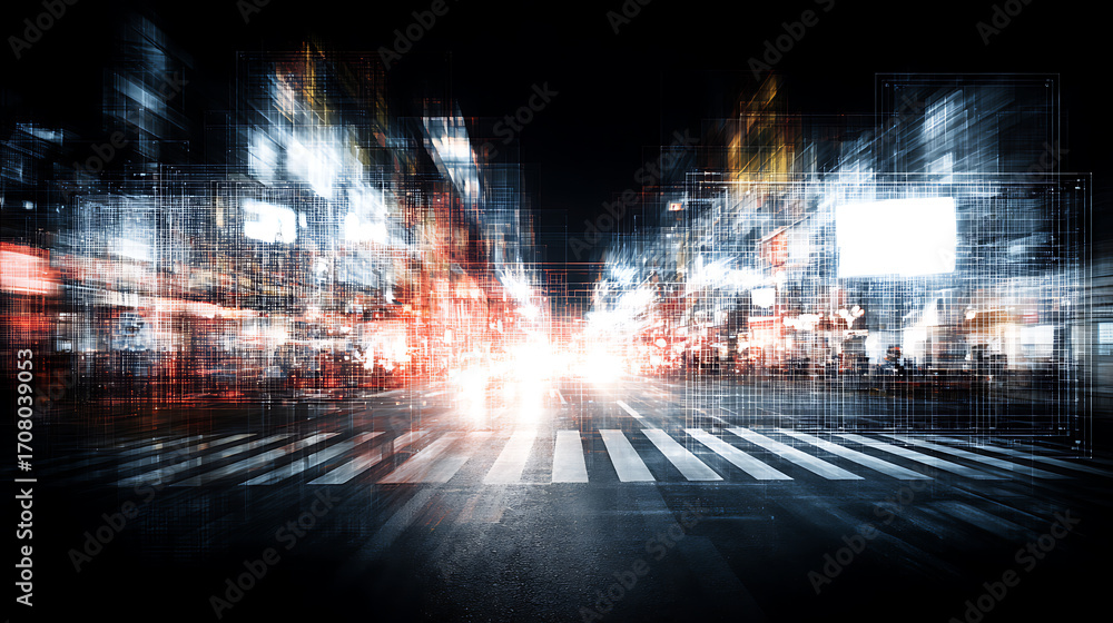 Naklejka premium Blurred nighttime city street with illuminated crosswalk and motion light trails