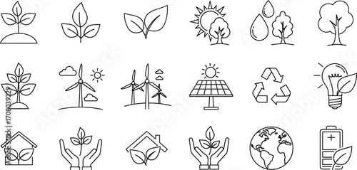 Line art illustration of environmental and ecological icons, depicting nature, sustainability, and renewable energy sources