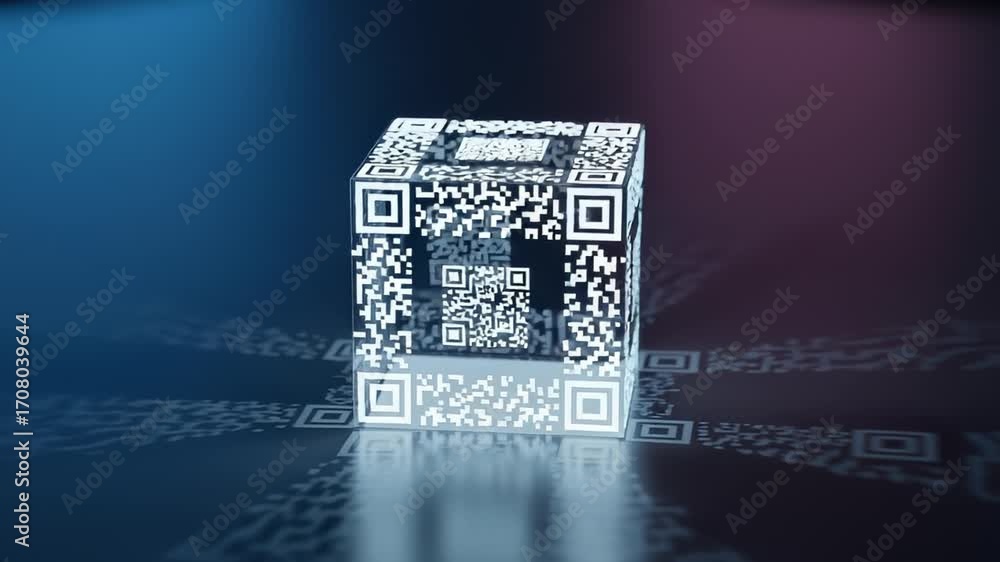 Futuristic QR Code Cube Rotating on Reflective Surface with Dynamic ...