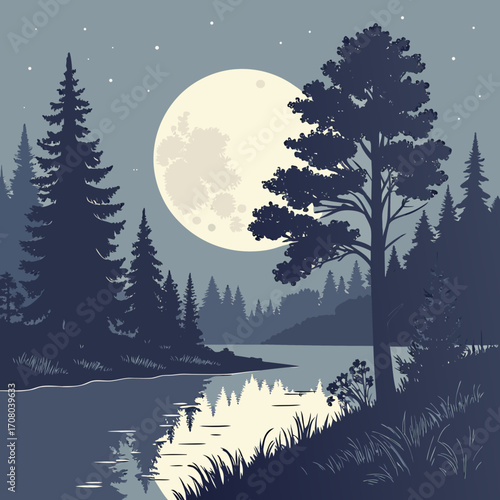 Vector art of a tranquil night scene featuring a full moon illuminating a serene lake surrounded by silhouetted trees, creating a peaceful and picturesque landscape under the starry sky
