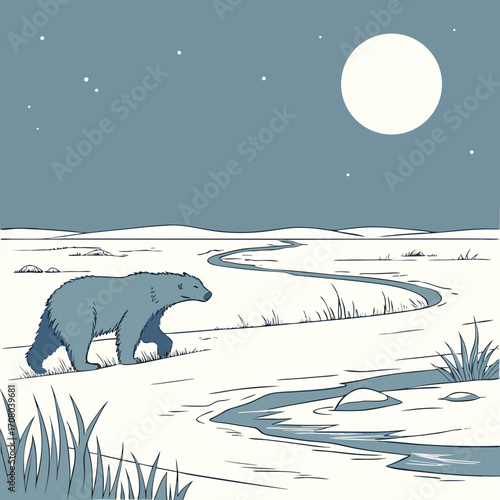 Vector art of a serene illustration captures a polar bear traversing a snowy landscape under a full moon, with a winding stream cutting through the icy terrain, creating a tranquil scene
