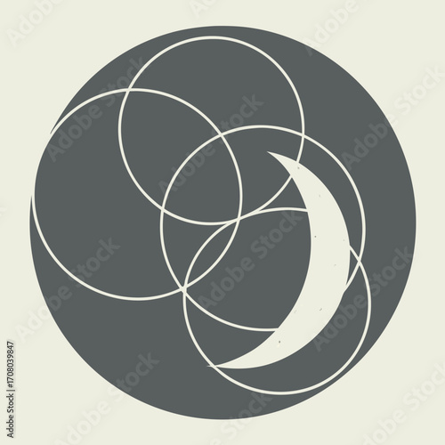 Vector art of a mesmerizing geometric pattern with overlapping circles and a crescent moon, creating a sense of balance and intrigue, perfect for artistic and mystical themes