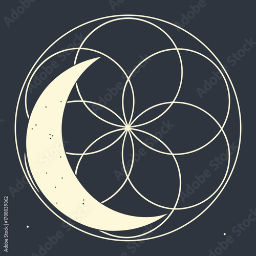 Vector art of an enchanting geometric design featuring a crescent moon amidst a flower of life pattern, evoking a sense of harmony and cosmic connection