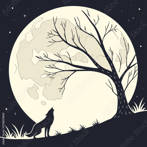Vector art of a lone wolf howls at the full moon, standing beneath a bare tree silhouetted against the night sky, evoking a sense of wilderness, mystery, and the primal call of nature