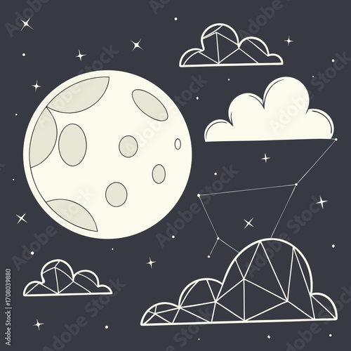 Vector art of whimsical night scene featuring a full moon surrounded by fluffy clouds, twinkling stars, and a constellation, creating a dreamy and celestial atmosphere in a minimalist style
