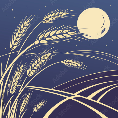 Vector art of a serene vector illustration depicts golden wheat stalks swaying gently in a field under the soft glow of a full moon, with rolling hills adding depth to the tranquil rural night scene
