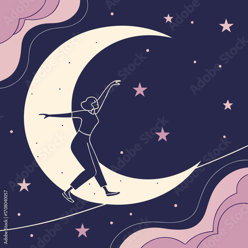 Vector art of a whimsical illustration of a woman balancing on a tightrope stretched across a crescent moon, reaching for a star in the night sky, surrounded by clouds and stars in a dreamy scene