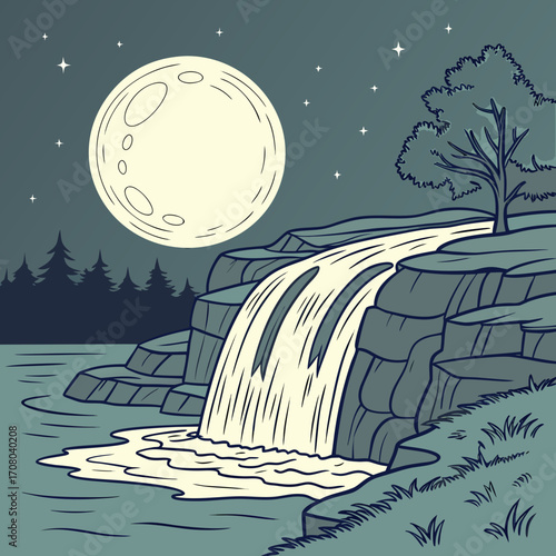 Vector art of a captivating illustration of a waterfall cascading over rocks under the radiant glow of a full moon, with stars dotting the night sky, creating a serene and magical natural scene