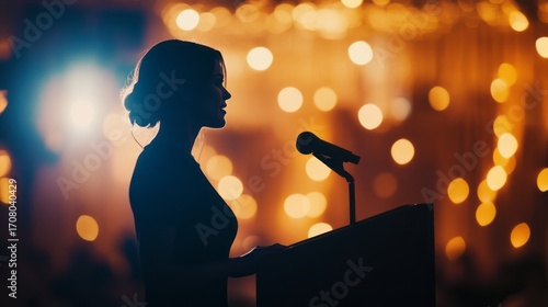 A confident female speaker embodies elegance and authority, captivating the audience with her powerful message. She inspires and uplifts everyone present, creating an unforgettable experience for all