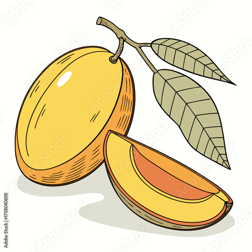 Illustration of a whole mango and a sliced mango the mango is a tropical fruit that is sweet and juicy, and it is often used in desserts and smoothies
