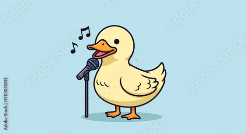 A cute cartoon yellow duckling singing into a microphone with musical notes floating around its head on a light blue background, representing a performance or a song