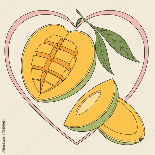 Illustration of a sliced mango fruit in a heart shape, the mango is ripe and ready to eat, and the heart shape symbolizes love and affection