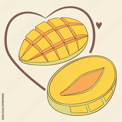 Illustration of a sliced mango fruit in a heart shape, the mango is ripe and ready to eat, and the heart shape symbolizes love and affection