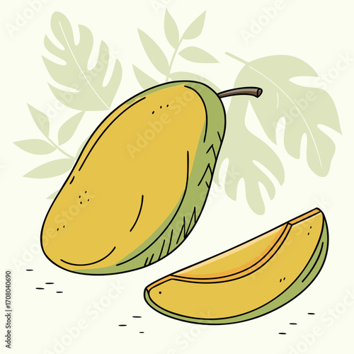 Illustration of a ripe mango with a slice, the juicy fruit is perfect for a healthy snack or dessert the vibrant colors and detailed lines make it visually appealing