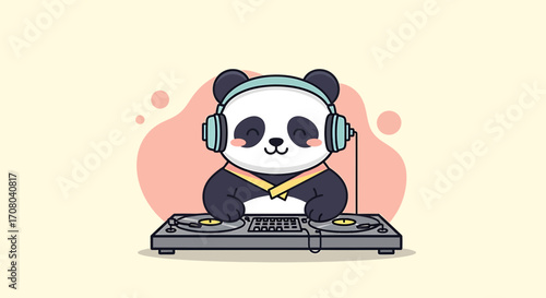 Cute cartoon panda wearing headphones and djing on a turntable, with a playful and energetic vibe, perfect for music events and party themes