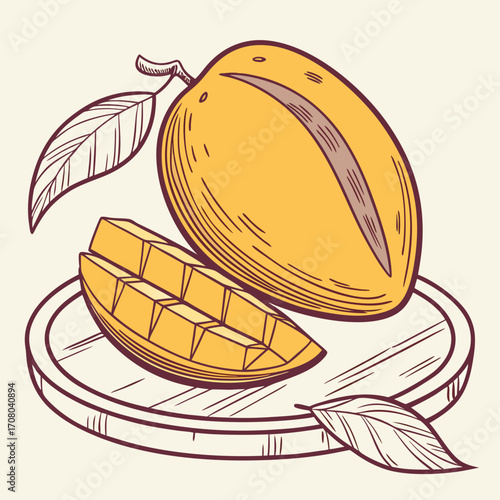 Vector art of a handdrawn illustration of a ripe mango fruit, with a slice cut to reveal the juicy flesh, resting on a wooden plate alongside two leaves