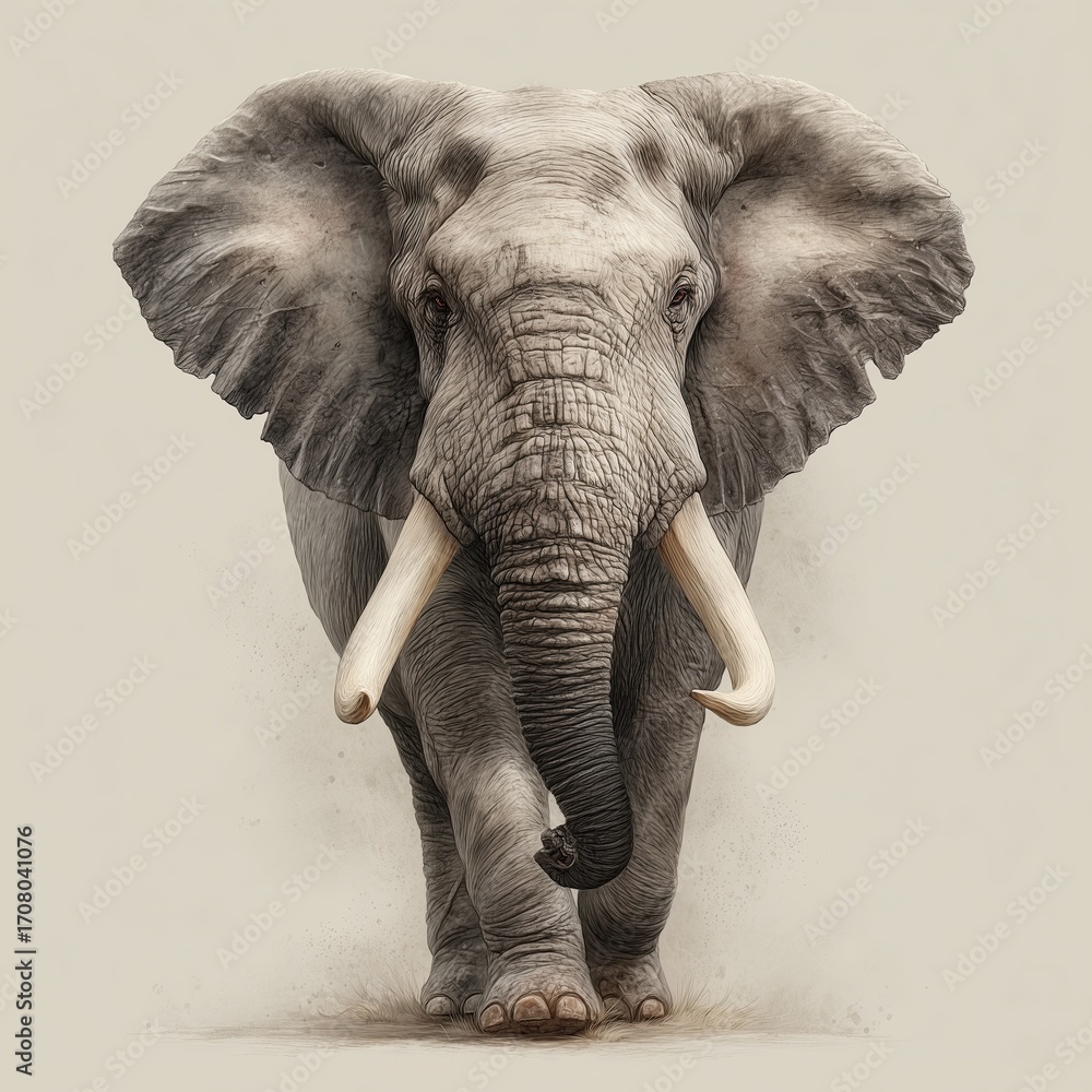 Naklejka premium Realistic image of a large African elephant with tusks, standing on a white background, casting a soft shadow.