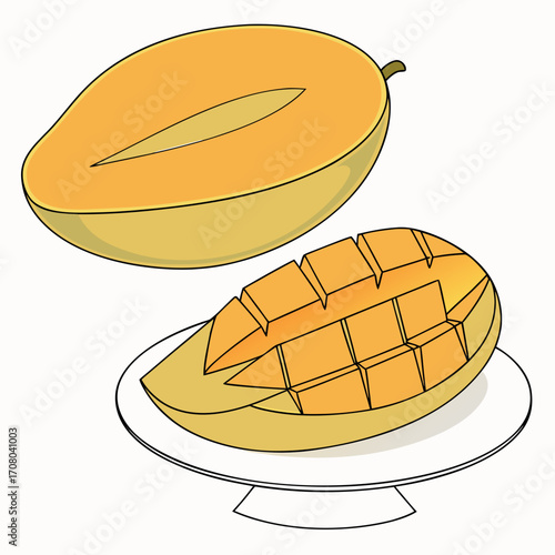 Illustration of a sliced mango on a plate, showcasing its vibrant color and texture, ideal for depicting healthy eating and tropical fruit desserts