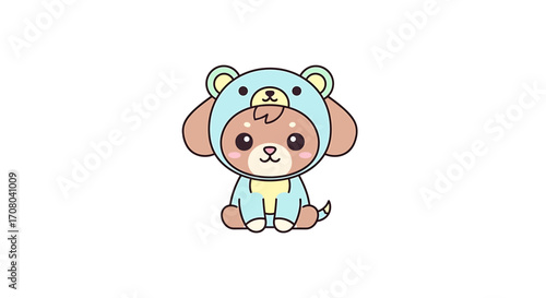 Cute cartoon puppy wearing a blue bear costume, sitting and looking forward with big eyes