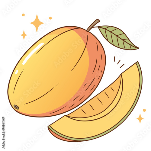 Vector art of a charming illustration presents a whole mango alongside a single slice, radiating a warm, inviting glow with sparkling accents, set against a pristine