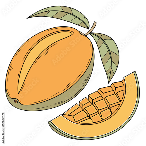 Vector art of hand drawn illustration of a ripe mango with a slice and leaves the artwork showcases the fruits vibrant colors and intricate details in a visually appealing manner