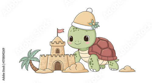 Cute cartoon baby turtle wearing a santa hat, building a sandcastle on the beach with a palm tree