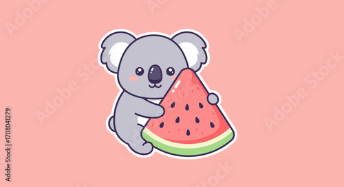 Cute cartoon koala hugging a slice of watermelon, isolated on a pink background, perfect for summer themes and childrens designs