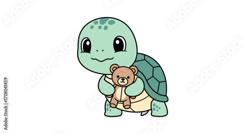 Cute cartoon baby turtle holding a small teddy bear