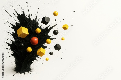 Splash of black paint with floating geometric 3D shapes on white background ideal for abstract marketing bold branding and creative concept visuals