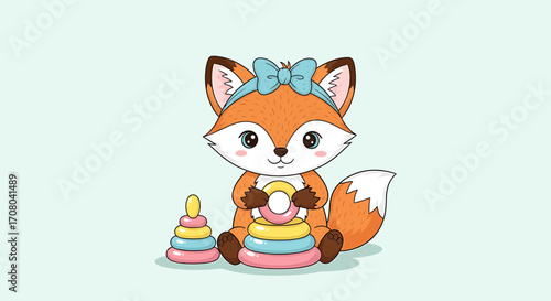 Cute cartoon fox with a blue bow on its head, sitting and playing with colorful stacking rings, isolated on a light blue background, illustration for children