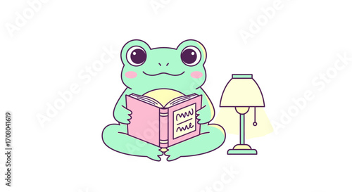 Cute cartoon frog sitting and reading a book next to a lamp