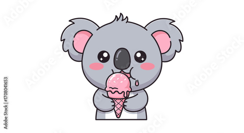 Cute cartoon koala eating pink ice cream cone, , adorable animal illustration