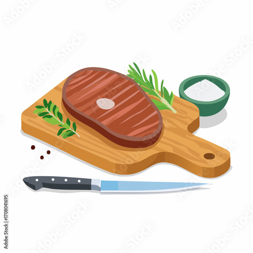 Ein saftiges Rindersteak, perfekt gegrillt, liegt auf einem rustikalen Holzbrett. 