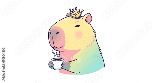 Cute capybara wearing a crown and holding a cup of coffee, , with a pastel rainbow color scheme, looking relaxed and content