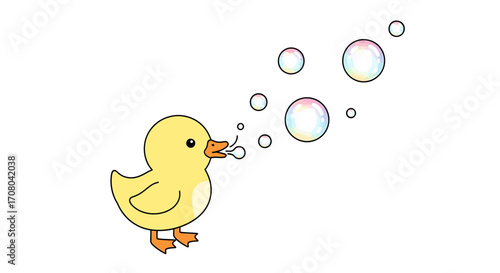 Cute cartoon yellow duckling blowing bubbles