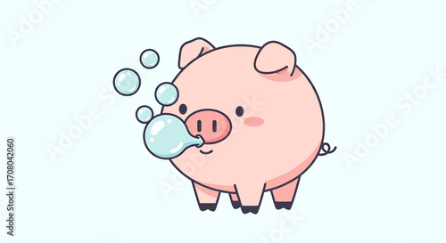 Cute cartoon pig blowing bubbles, isolated on a light blue background, adorable farm animal illustration, playful and whimsical character design, perfect for childrens themes and designs