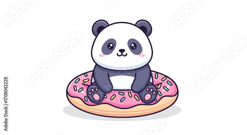 Cute cartoon baby panda sitting on a pink donut with sprinkles