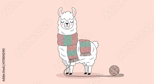 Cute cartoon llama wearing a striped scarf and knitting with a ball of yarn, isolated on a soft pink background, whimsical illustration for crafting and animal lovers
